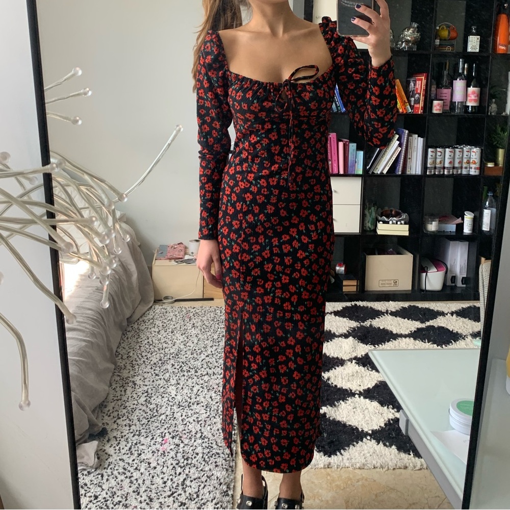 Black and red long floral dress